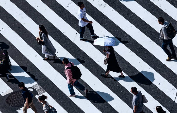 a large crossing with pedestrians from above